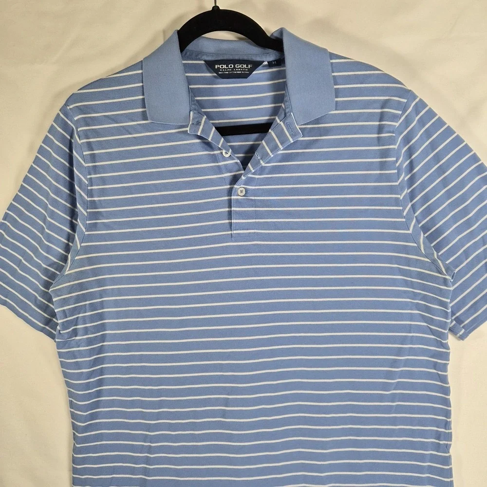 Polo Golf Ralph Lauren Men's Medium Blue White Striped Polo Shirt Short..